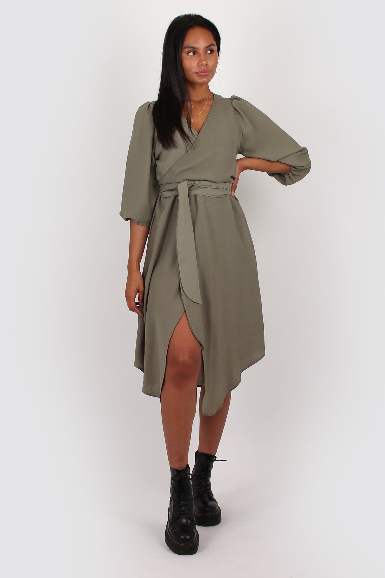 Amelia wrap dress in khaki – Bullet Fashion